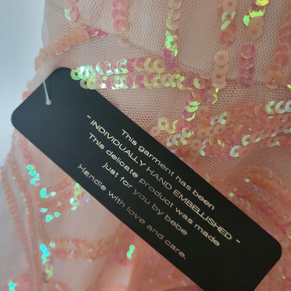 $198 NEW XL BEBE PEACH PINK TULLE SEQUIN SLEEVELESS FIT FLARE MINI DRESS NWT - Picture 7 of 11